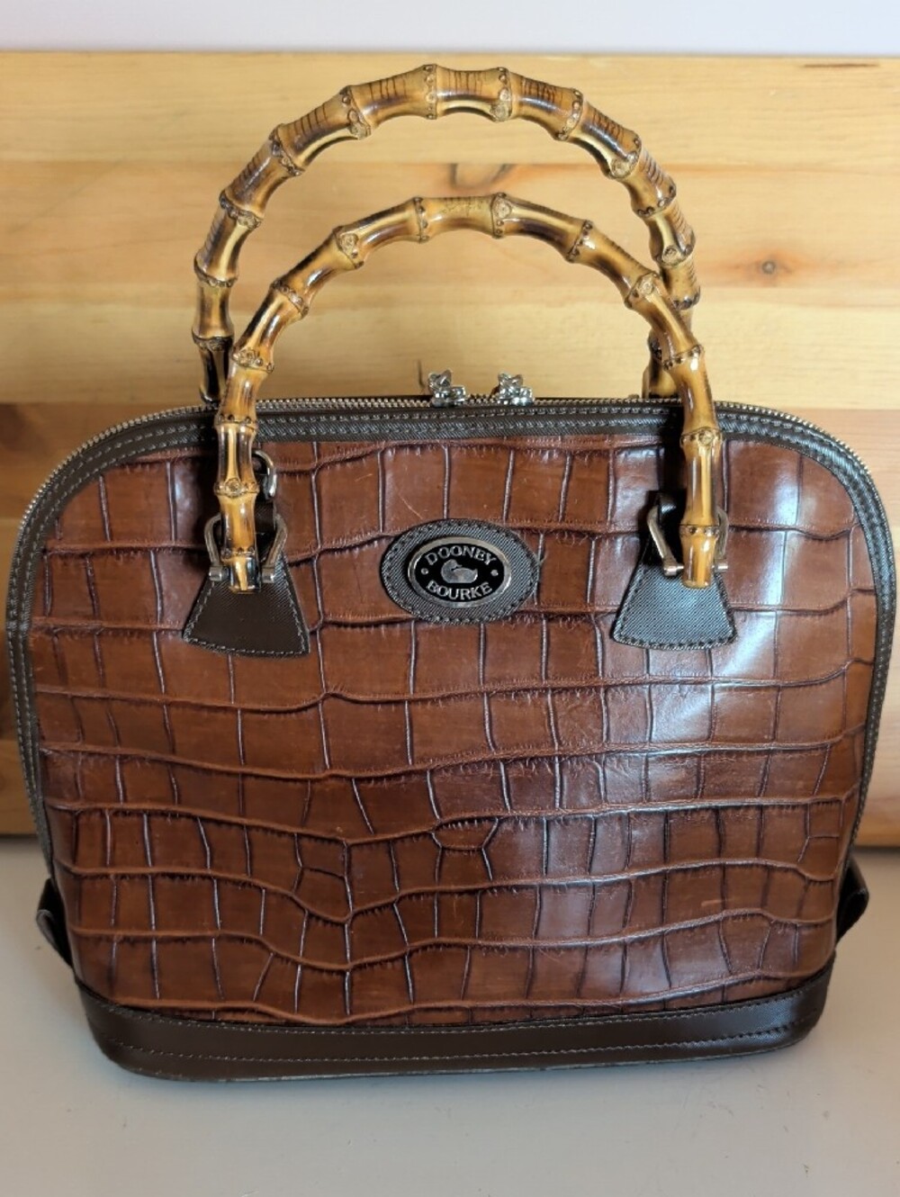Dooney & Bourke Brown Croc-Embossed Satchel with Bamboo Handles.๐ - Picture 4 of 16